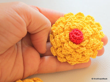 Yellow and Red Crochet Flower Applique x 1